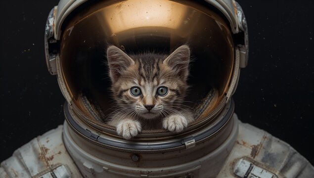 Sitting tabby kitten resting paws on helmet rim in studio, showing gold visor and scuffed spacesuit