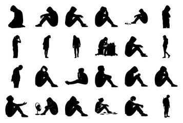 Collection of Sad and Depressed Human Silhouettes vector