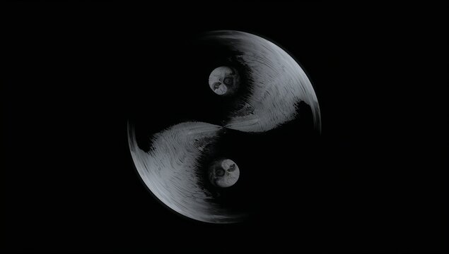 Rotating crescent yin-yang motif centering on black void, showing cratered moons - Powered by Adobe