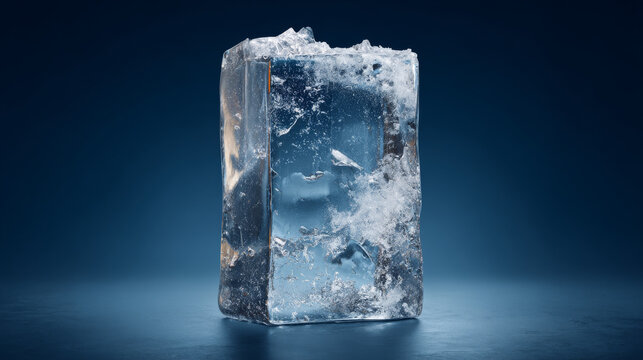 Vertical rectangular ice block with broken top isolated on dark blue background, clipping path