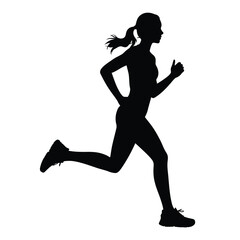 Silhouette of a woman running with ponytail on white background