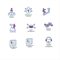 Visual representations of essential business team structures, leadership roles, and collaborative workgroup dynamics presented as modern line icons
