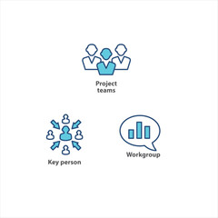 Visual representations of essential business team structures, leadership roles, and collaborative workgroup dynamics presented as modern line icons