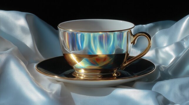 Close-up of a teacup and saucer on a white satin fabric. the cup is made of glass and has a gold-colored handle on one side and a black rim on the other. - Powered by Adobe