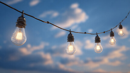 String lights illuminating against a twilight sky, creating a warm ambiance. The glowing bulbs strung across the scene cast a gentle light upon the sky, enhancing its beauty