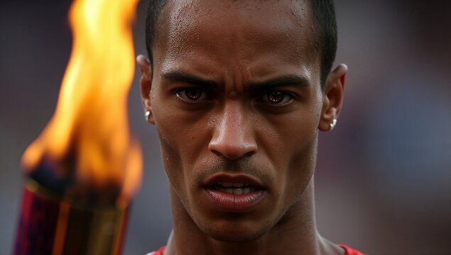 Focusing male athlete holding steady gaze at stadium, with flaming torch, red singlet, sweat - Powered by Adobe