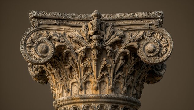 Displaying Corinthian capital showing acanthus leaf carvings and volutes in studio, with patina