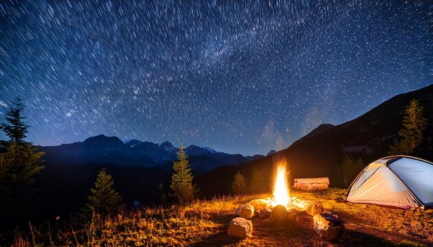 cozy camping under starry night sky with warm campfire and illuminated tents near majestic mountains