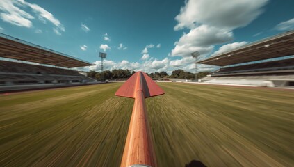 Pointing long wooden pole with red triangular fin running down stadium field, showing motion