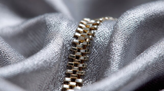 Close-up of a gold zipper. the zipper is in the center of the image and is made up of small, rectangular links. the links are arranged in a zigzag pattern and are slightly overlapping each other. - Powered by Adobe