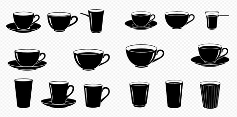 Collection of various black silhouette coffee cups, tea mugs, and glasses on a transparent background.