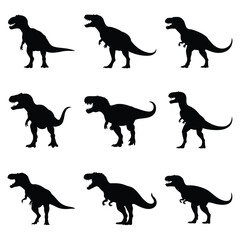 Collection of nine black tyrannosaurus rex dinosaur silhouettes in various poses