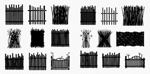 Set of various black silhouette fence designs, including picket, rustic, and brushwood styles, on a transparent background.