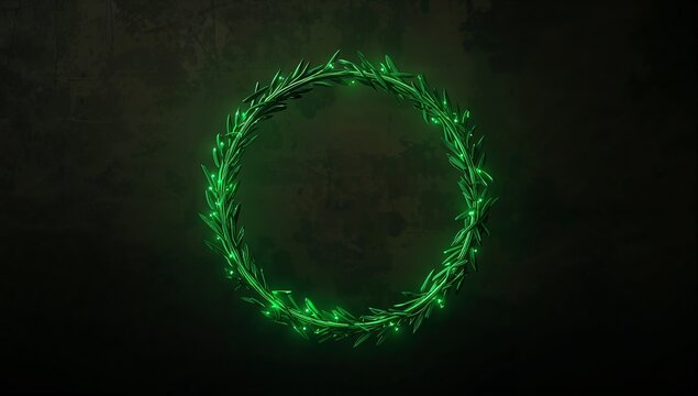 Glowing green laurel-style wreath casting soft halo against grungy textured wall, with tiny lights - Powered by Adobe