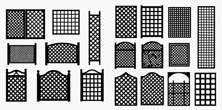 A diverse collection of garden trellis and fence panel designs featuring various grid patterns and decorative shapes.