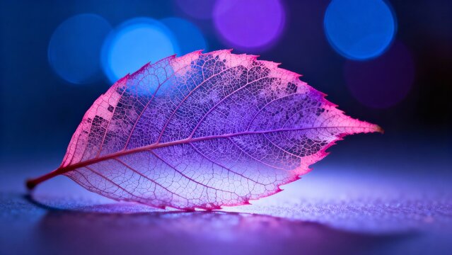Macro Photo of Skeletal Leaf with Purple Glow and Blue Bokeh Lights
