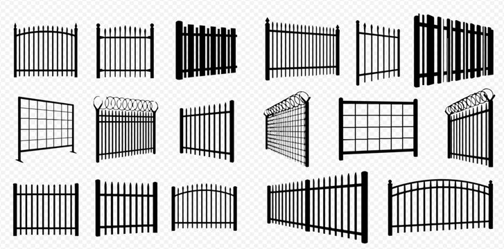 Collection of various black metal fences and barriers with different designs and perspectives.