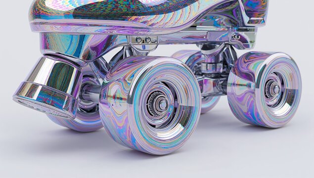 Showing iridescent quad skate front on pale tabletop, with chrome truck, wheels, metal toe stop