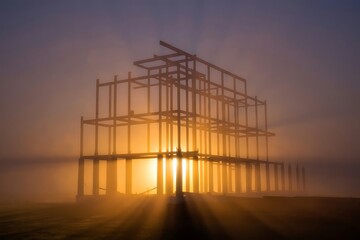 Sunrise Through Steel Frame Structure in Morning Fog