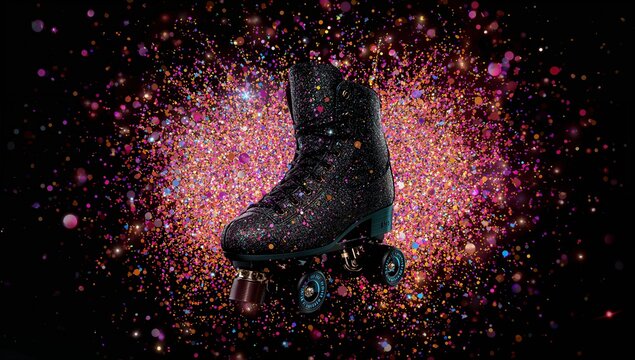 Showing black glitter hightop skate boot floating in studio, revealing laces, blue wheels, confetti - Powered by Adobe