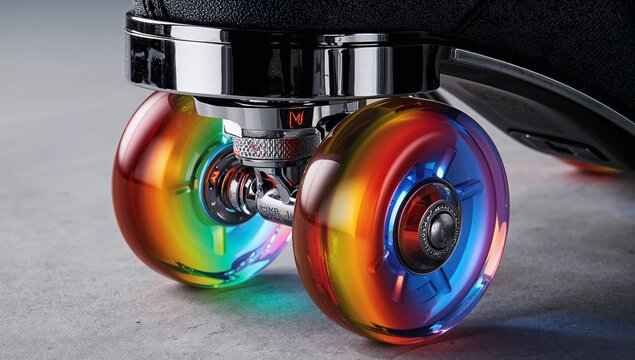 Showing translucent rainbow skate wheels, chrome truck with bearings and black boot on gray floor - Powered by Adobe