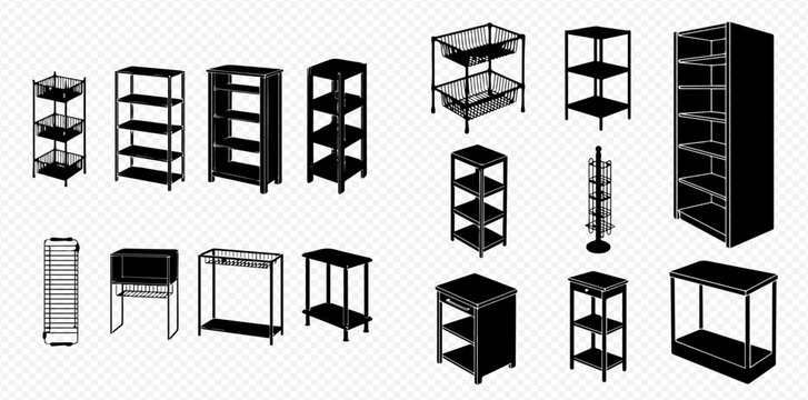 Assortment of black silhouette storage shelves, racks, and display units for various purposes.