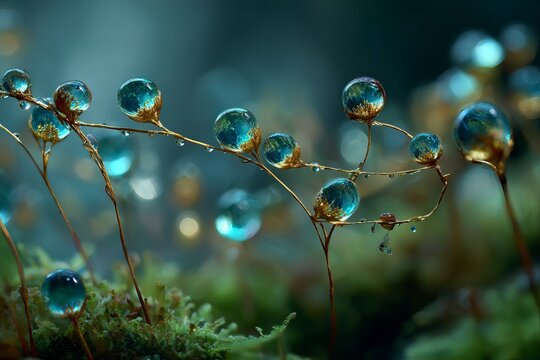 Close up of dew drops on delicate plant stems water droplets