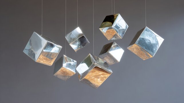 Group of six square-shaped objects hanging from strings against a gray background. the objects appear to be made of glass or metal and have a metallic sheen.