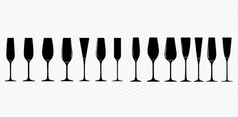 Collection of various elegant champagne glass silhouettes, including flutes and coupes, in black against a transparent background.