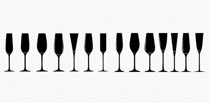 Collection of various elegant champagne glass silhouettes, including flutes and coupes, in black against a transparent background.