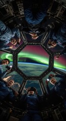 Fototapeta premium Astronaut crew members observe a vibrant aurora over the planet from an orbital habitat cupola