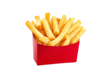 Golden french fries in a red carton, isolated on transparent background