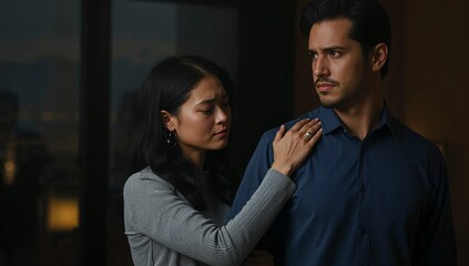 Reaching woman in grey sweater touching man in button-down shirt in living room, with window ring