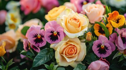 A close-up of English garden flowers, including classic roses, peonies, and pansies, in a well-maintained garden.