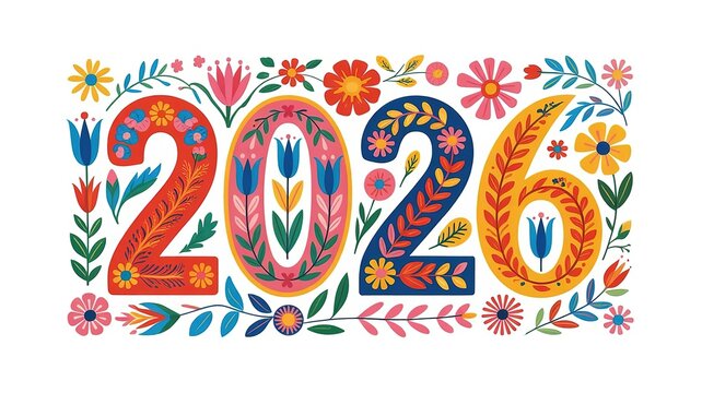 Colorful Floral New Year 2026 Design Element for Celebrations and Greetings Cards Vibrant Illustration for Party Invitations and Holiday Decorative Numbers