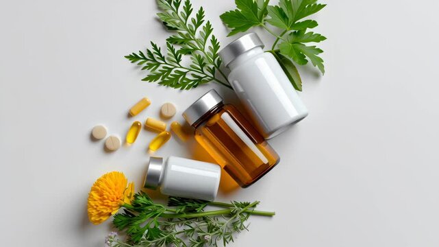 Herbal supplement bottle with capsules and tablets surrounded by fresh green leaves and yellow flowers symbolizing natural herb