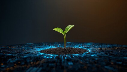 Sprouting green seedling with two leaves from circular soil patch on glowing circuit board