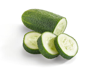Cucumber and slices of cucumber isolated on white background.