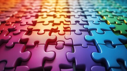 Colorful puzzle pieces interlock in rows, creating a vibrant mosaic pattern