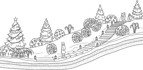 Naklejka premium Cozy winter scene with people and Christmas trees outlined