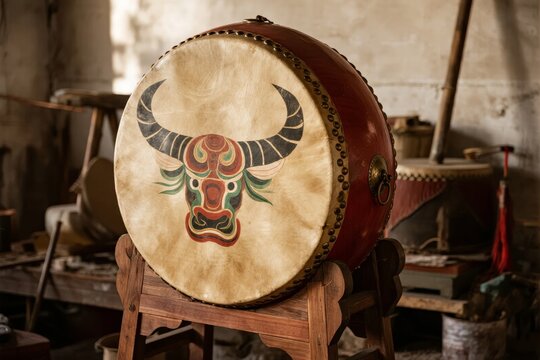 Traditional drum with bull face design displayed on wooden stand in workshop setting