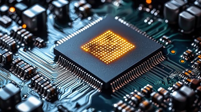 Close-up of a glowing CPU chip with detailed circuit board patterns