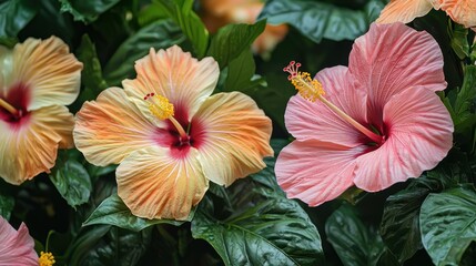 A close-up of exotic flowers in a botanical garden, including tropical blooms like hibiscus and orchids.
