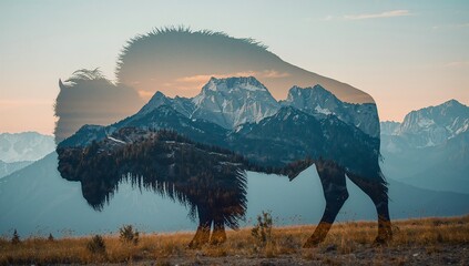 Merging bison silhouette showing snowy peaks and forest ridges in mountain meadow, double-exposure