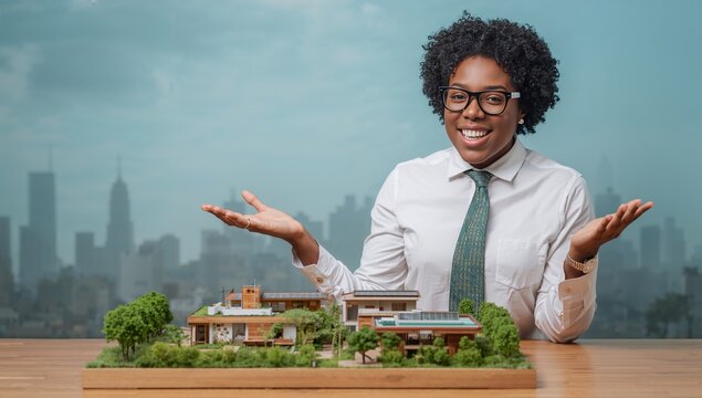 Presenting woman gesturing above scale model on wooden table in studio, in shirt and tie, glasses