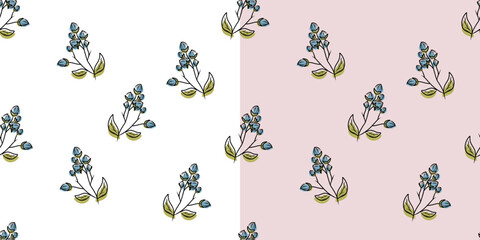 Two vector seamless floral patterns drawn with black line on light and pink backgrounds for packaging, textiles, cards, wallpapers and branding