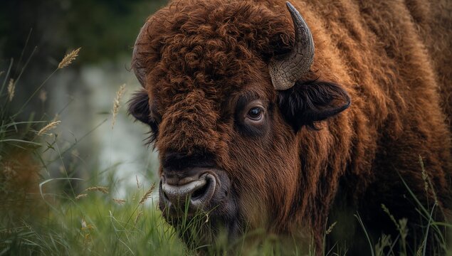 Standing large American bison chewing blades of grass in tall meadow, showing curly mane and horn