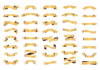 Vintage Curved golden Ribbon Banner set, blank glyph collection Labels, Blank decorative 
silhouette icon Tags, Retro Scroll Badges Vector Elements Isolated vector illustration