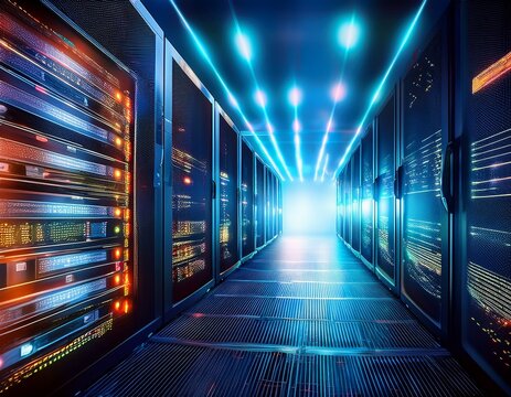 blurred background of server room with flashing lights data streams confidential computer