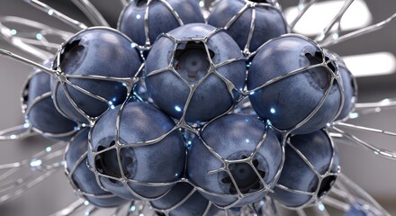 Cluster of organic spheres encased in a futuristic metallic lattice structure